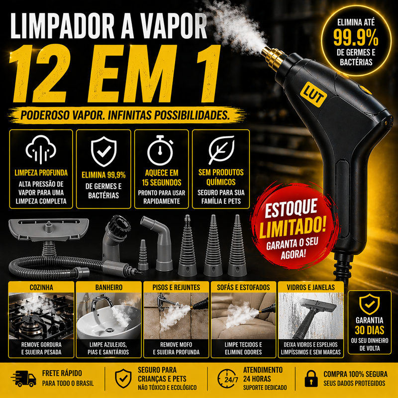 Limpeza a Vapor 12 em 1 - Limpeza TOTAL 1200w BIVOLT | Frete GRÁTIS + 50% OFF